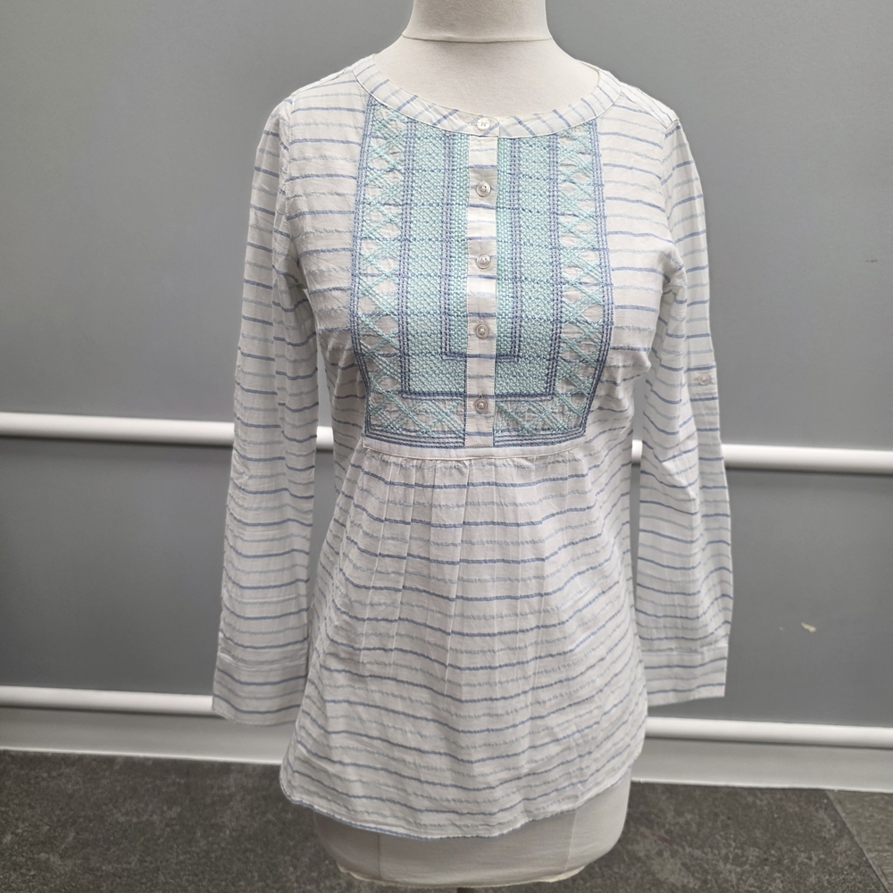Vineyard Vines Beach Stripe Embroidered White and Blue Blouse